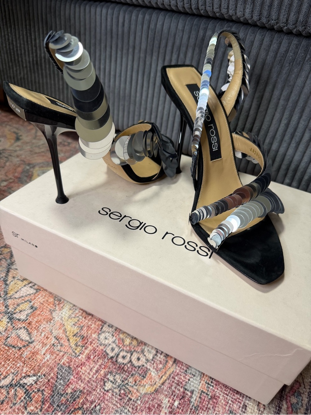 Sergio Rossi Black Spiral Strap Stiletto Sandals Silver Sequins